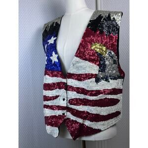 USA Sequined Vest Americana Patriotic Red White Blue Flag Eagle XL July 4 16